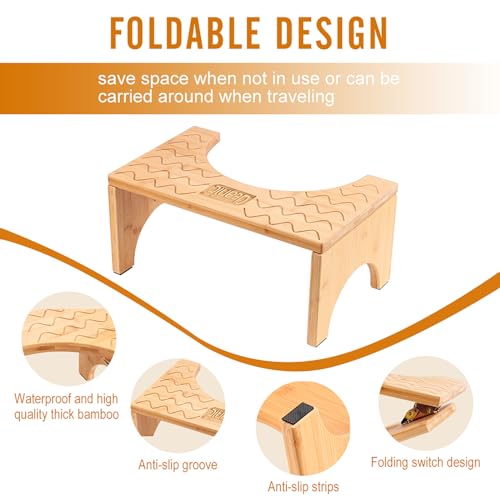 DEANIC Bamboo Toilet Stool for Adults, Poop Stool for Bathroom, Folding Toilet Step, Toilet Foot Stool with Non-slip Pads, 18cm Height Step Stool