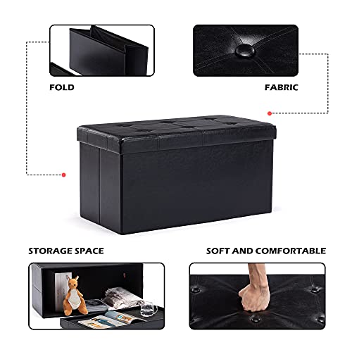 HNNHOME 76 x 38 x 38cm Folding Storage Ottoman Bench,Chest Toy Box, Padded Faux Leather Footstool Footrest with Lids (Meduim, Black)