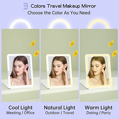FUNTOUCH Rechargeable Makeup Mirror with Light, Portable Lighted Travel Mirror with 10X Magnifying, 3 Colors Light Modes, Touch Screen Dimming Fo