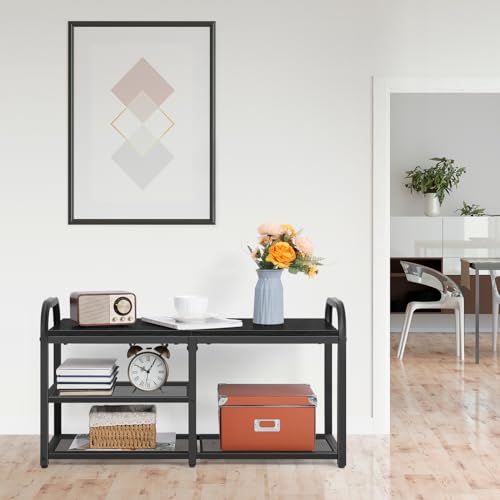 NORCEESAN Shoe Rack Bench for Entryway Shoe Organizer for Closet Black Bench with Shoe Storage Freestanding Shoe Rack with Mesh Shelves and Woode