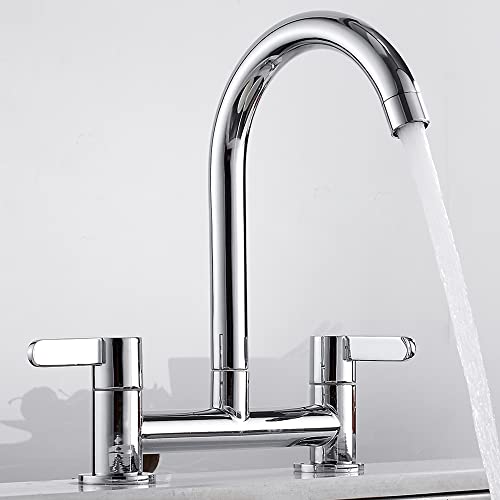 Ghopy Dual Lever Kitchen taps Mixers 2 Hole Deck Mounted Cold and Hot Mixer Tap Modern 360° Swivel Spout Brass Basin Bridge Mixer tap (Chrome)