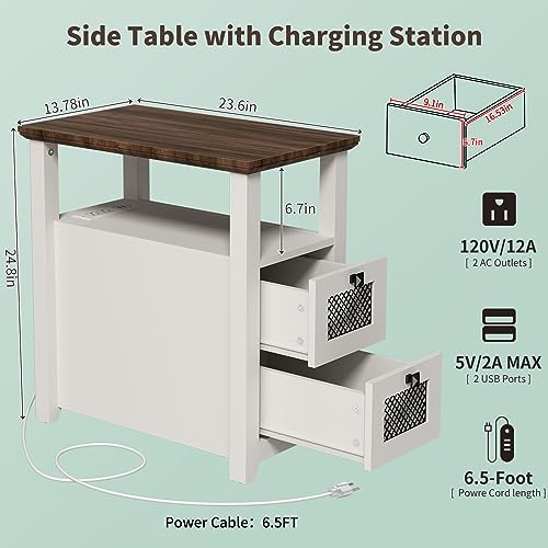 HDDDZSW Farmhouse XXL End Table with Charging Station, Narrow Side Table with USB Ports and Outlets, Nightstand with 2 Drawers Storage, Bedside T