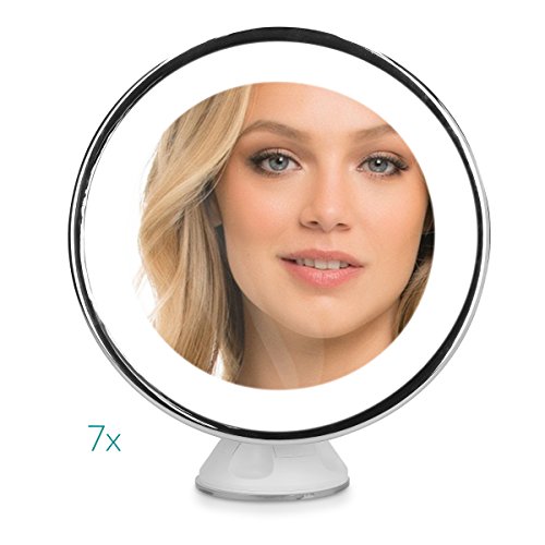 Navaris LED Magnifying Makeup Mirror - Cosmetics Mirror with Suction Cup, 7x Magnification, 360 Degree Swivel - Travel Bathroom Vanity Mirror - W