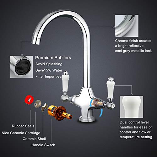 Funime Traditional Kitchen Sink Mixer Tap Elegant Ceramic Dual Lever Monobloc Swivel Spout Chrome, Classic