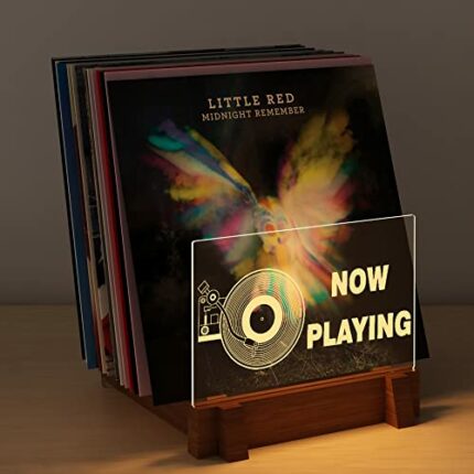 YuanDian Vinyl Record Storage, Light up Now Playing Wood Acrylic Holder Shelf for Vinyl Album Display and Storage with Warm White Color Lights, V