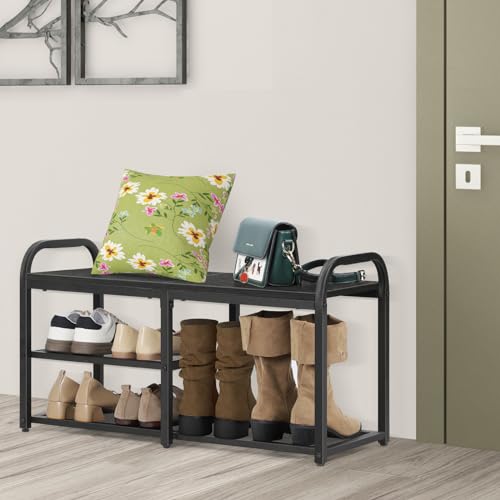 NORCEESAN Shoe Rack Bench for Entryway Shoe Organizer for Closet Black Bench with Shoe Storage Freestanding Shoe Rack with Mesh Shelves and Woode