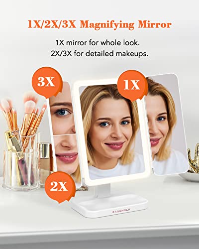 EASEHOLD Lighted Makeup Mirror with 1X/2X/3X Magnification, 60 LEDs, 3-Color Lighting Modes, Stepless Dimming, 2000 mAh Rechargeable Battery, for