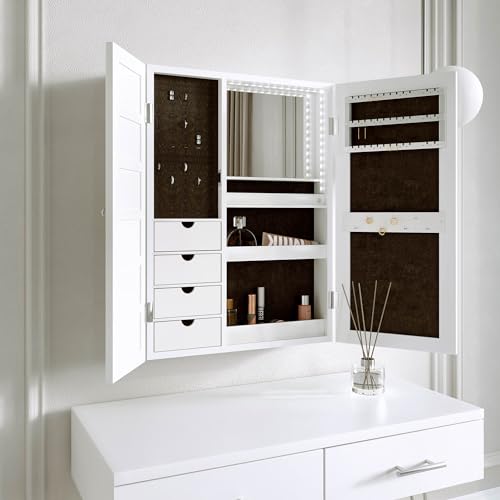 CARME Jewellery Cabinet Armoire with LED Light Mirror & Drawers - Wall Mounted Storage & Organiser Unit for Makeup - Bedroom, Dresser & Vanity Fu