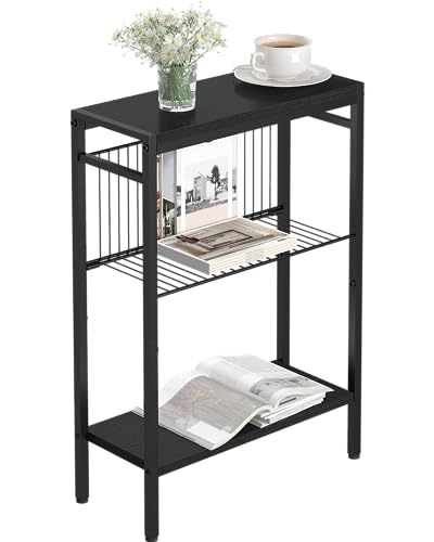 Yusong Small Narrow Side Table for Small Spaces, Slim End Table Nighstand with Metal Mesh, Accent Skiny Snack Couch Beside Table (Black, 3 Tier)