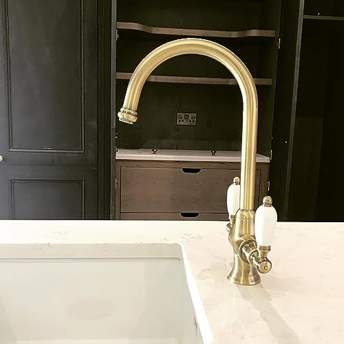 ENKI, Dorchester, KT059, Antique Oil Rubbed Bronze Dual Flow Kitchen Sink Mixer Tap for Basin, Twin White Levers Swivel Spout Perfect for Double