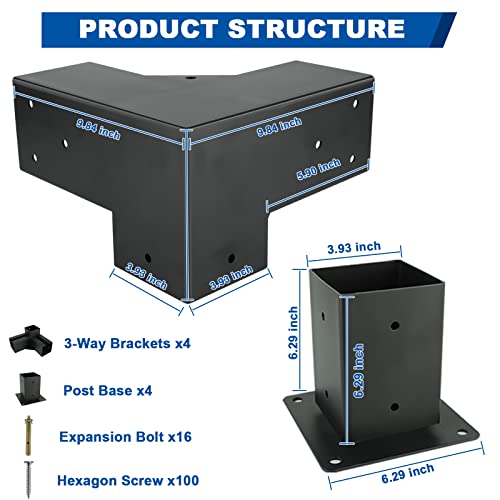 Pergola Gazebo Brackets-Kit Toja Grid - Nopwer 3-Way Right Angle Corner Bracket for 4x4 Inch Wood Beams