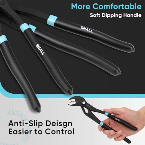 SHALL 3-Piece Groove Joint Pliers Set (12, 9-1/2, 7 Inch), Push-Lock Water Pump Pliers in Cr-v Steel, Fast Adjustable Tongue and Groove Pliers wi