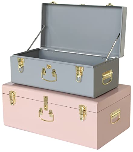 Vixdonos Metal Trunk Decorative Storage Box Set of 2 College Dorm Chest with Handle (Light Blue)