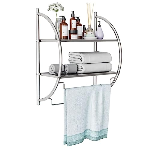 Multigot Towel Rack, Steel Wall-Mounted Curved Shelving Unit, 2-Tier Double Towel Holder with Hanging Rails for Bathroom and Kitchen, 45x26x54cm