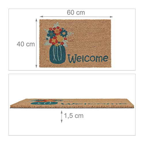 Relaxdays Welcome Doormat Coir Coconut, 40 x 60 cm, Vase Design, Door Mat Inside & Outside, Non-Slip Shoe Wiper, Natural