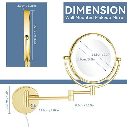 DOWRY Wall Mounted Magnifying Mirror with Light 5x,Gold Extendable Mirror,LED Illuminated Shaving Mirror,360 ° Rotatable Double Sided Mirror,Ø20c