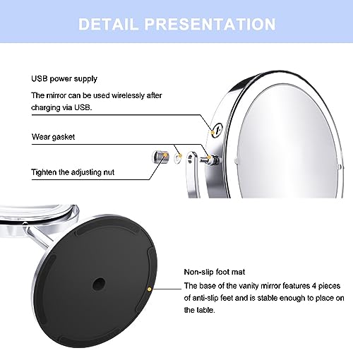 Mokoze Lighted Makeup Mirror, Rechargeable Stand Up Mirror, 8" Double Sided 1X/10X Magnification with 3 Color Lights 360 ° Rotating Touch Control
