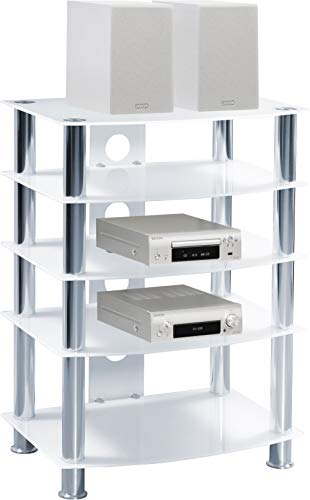 Homeology GALAGO 5-Shelf Premium Opti-White Glass with Silver Legs AV Rack