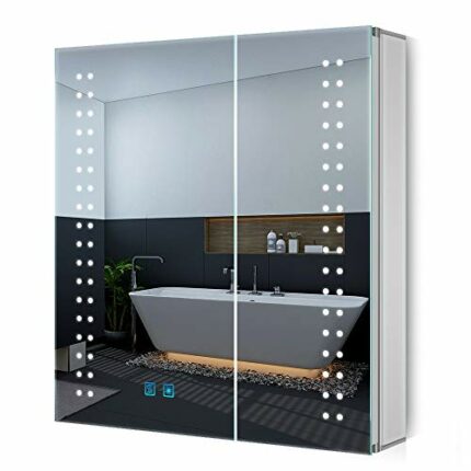 Quavikey® Bathroom Mirror Cabinet with Lights and Shaver Socket 2 Doors Grey LED Medicine Cabinet Wall Mounted with Shelf and Demister Feature Do