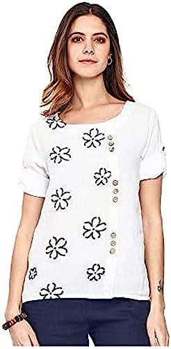 Bonateks, Pure Linen Shirt with Embroidery and Buttons on The Front, 100% Linen, UK Size: 8, US Size: S, Tops, White - Made in Italy, White, 10