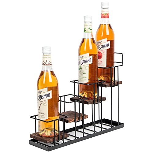 J JACKCUBE DESIGN Syrup Bottle Holder Rack, Rustic Wood and Metal Wire 4 Tier Syrup, Wine, Dressing Bottle Countertop Display Storage Stand for K