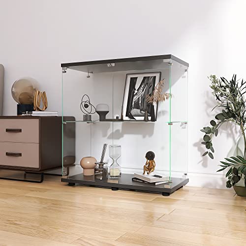 LFT HUIMEI2Y Glass Display Cabinet 2-Shelf with Double Door, Curio Cabinets Fast Installation in 30 Mins, 5mm Tempered Glass Floor Standing Books