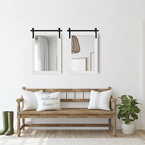 KARTOOSH White Farmhouse Wall Mirror Barn Door Style Rectangle Solid Wood Frame Mirror Rustic Wall Mounted Mirror for Bathroom, Entryway, Living