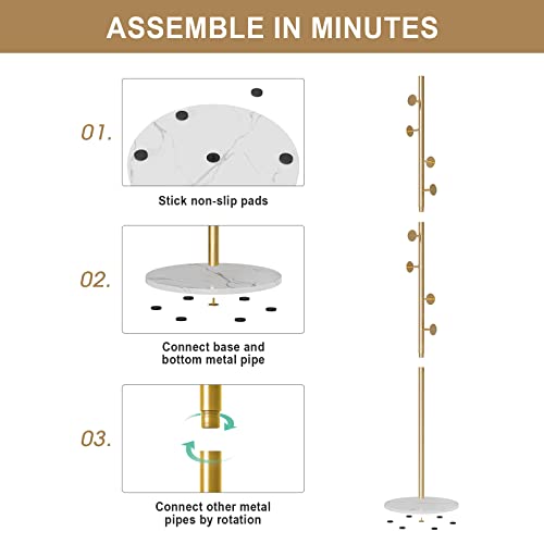 RRG Coat Rack Stand, Metal Coat Tree with Heavy Base 8 Welded Hooks Coat Stand for Entryway, Hall, Bedroom, Corner, Office 67” (Gold)