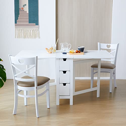 Livinia Wings Gate-Leg Wooden Dining Table, Solid Hardwood Expandable Drop Leaf Space Saving Kitchen Table with Drawers Fully Assembled(White)