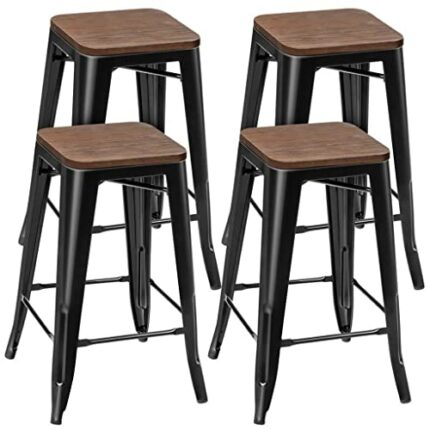 WALNUT Set Of 4 Counter Height Backless Barstool 26'' Metal Stackable Stool W/Wood Seat