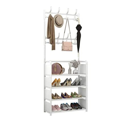 Chunse Coat Rack Stand with Shoe Storage,Free Standing Hall Tree Floor Hanger for Clothes Rail Hanger Shelf with 8 Removable Hooks And 4 Tier She