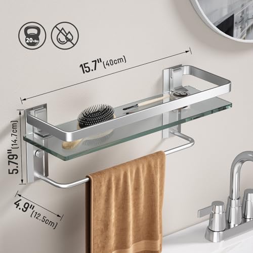 Danpoo Bathroom Wall Shelf, Tempered Glass Bathroom Shelf with Towel Bar(Matte Silver)