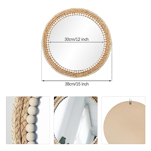 C&Z 15 Inch Boho Round Hanging Wall Mirror Decorative Rattan Circle Wall Mounted Mirror for Farmhouse, Living Room, Bedroom, Bathroom