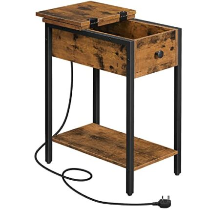 HOOBRO Narrow Side Table, Slim Bedside Table with Charging Station, USB Ports & Power Outlets, Nightstand for Living Room, Bedroom, Flip Top, Rus