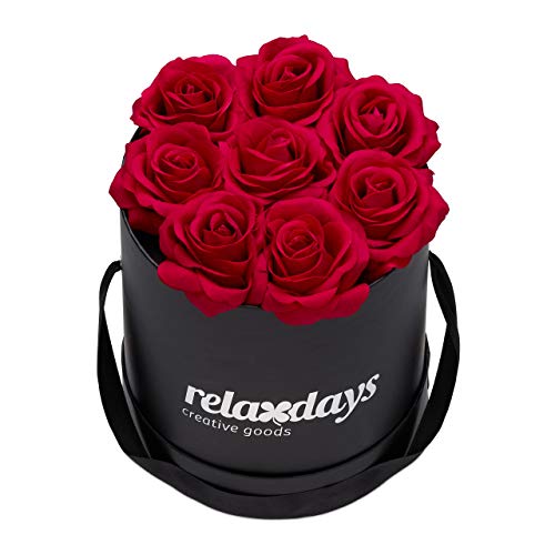 Relaxdays Round Flowerbox with 8 Faux Roses, Black Box, Last 10 Years, Gift, Decorative Bouquet, Red, 17 x 17 x 17 cm