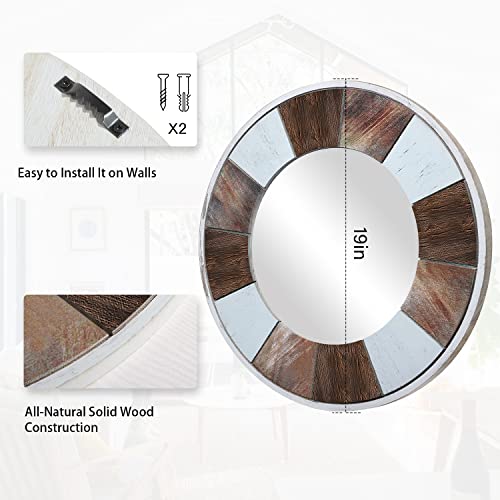 JJUUYOU Round Wall Mirror 19" Wooden Circular Mirror for Bathroom, Rustic Brown Vanity Mirror Wall Decor Wood Frame Make up Mirror for Living Roo