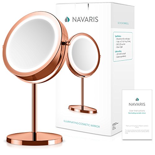 Navaris LED Illuminated Makeup Mirror - Two-Sided Vanity Mirror with Normal and 5x Magnification - 2-in-1 360° Swivel Cosmetics Mirror - Copper