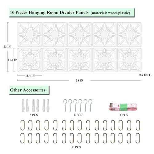 PKEPJ Hanging Room Divider Panels,Safety Room Divider 10 Pieces Screen Panels for Living Room Bedroom Office Home Decoration (White01)