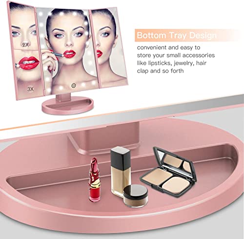 ESTOPE PRO Lighted Makeup Mirror 2X/3X Magnification Vanity Mirror Tri-fold Make up Mirror Table Mirror Pink