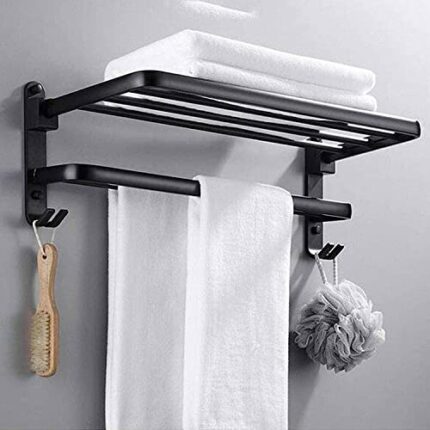 Towel Rack，Storage Shelf With Bath Towel Rail Wall Mounted Bathroom Rack With Hooks Nail-Free Collapsible Towel Holder Bar For Bathroom Toilet Ho