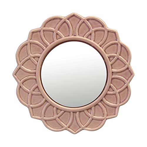 Stonebriar Decorative 9" Pale Pink Round Floral Ceramic Accent Wall Mirror with Attached Hanging Loop, Decorative Decor for The Living Room, Bedr