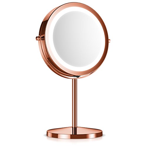 Navaris LED Illuminated Makeup Mirror - Two-Sided Vanity Mirror with Normal and 5x Magnification - 2-in-1 360° Swivel Cosmetics Mirror - Copper