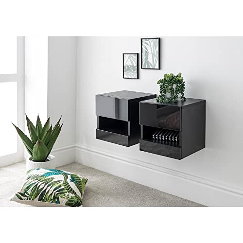 GFW Pair of Wall Mounted Floating Bedside Tables with Led Downlights & Storage Cupboard, Black, Width x 30 cm Depth x 31 cm Height