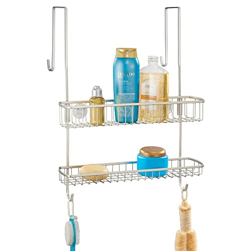 mDesign Wide Over Shower Door Bathroom Tub & Shower Caddy, Hanging Storage Organiser Center - Built-in Hooks, Baskets on 2 Levels for Bathroom Sh