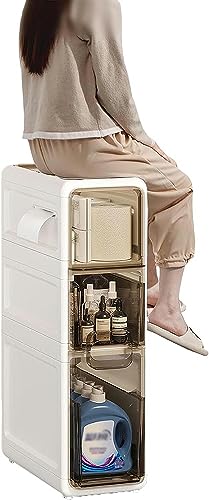 YAZGAN 3-Tiers Bathroom Floor Cabinet, Kitchen Storage Organizer Rack Stand with 3 Clear Drawers and Casters, Multifunctional Corner Unit for Clo