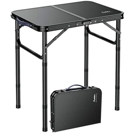 Anbte Folding Camping Table with Storage Net, Pure Black Aluminum 2ft Picnic Table 60cm x 40cm Outdoor Table Adjustable Height Max 27 inch, Light