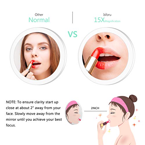 ISFORU 15x Magnifying Mirror with 3 Suction Cups - Use for Makeup Application, Tweezing, Blackhead/Blemish Removal - Travel Magnification Mirror