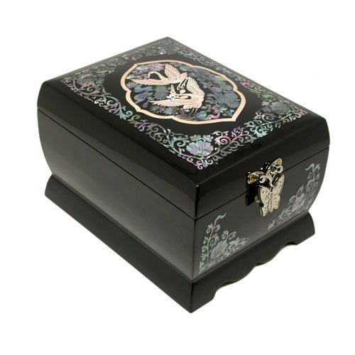 Mother of Pearl Crane Bird and Pine Tree Design Purple Wooden Jewellery Drawer Mirror Trinket Keepsake Treasure Gift Asian Lacquer Box Case Chest