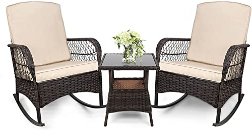 LeveLeve 3 Pieces Patio Conversation Set Chairs PE Wicker Outdoor Rocking Chairs Glass Table for Porch Lawn Garden Backyard Deck (A Sand)