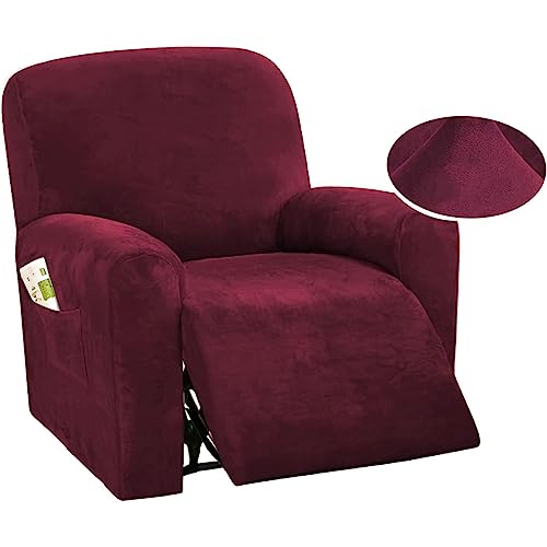 DSECHCRSL Velvet Recliner Chair Cover with Side Pocket, 4 Piece Non Slip Reclining Chair Cover, 1 Seat Stretch Recliner Cover Form Fitted Thick S